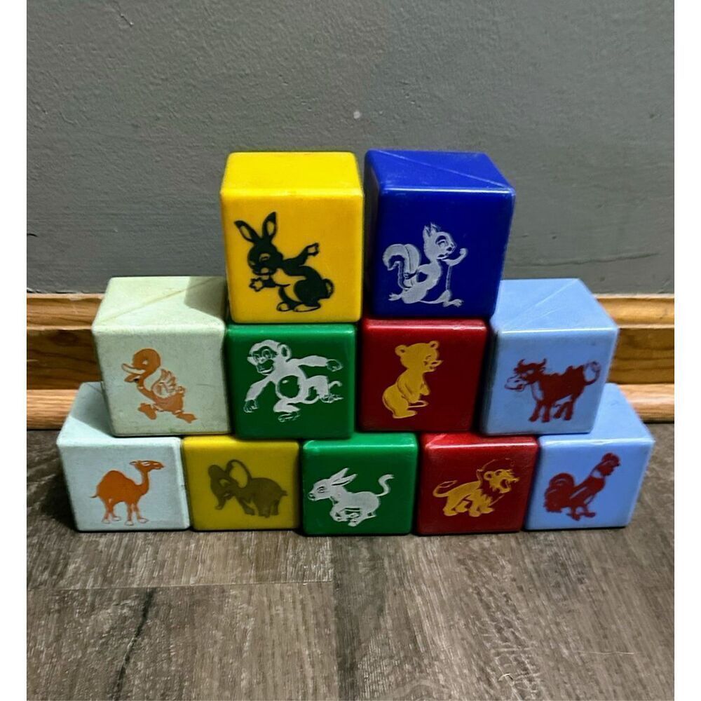 Vintage Plastic Rattle Blocks Multi Colored 2.5” Lot 11 Animals Letters Crafts